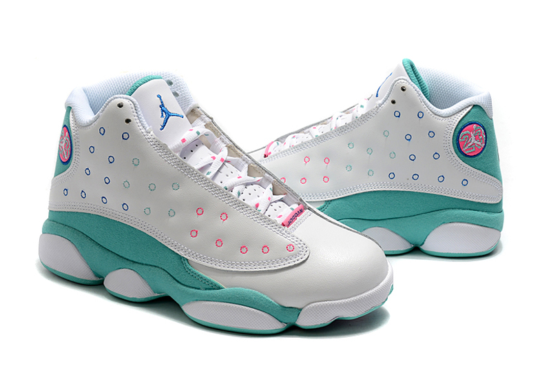 New Women Air Jordan 13 Retro White Gint Green Peach - Click Image to Close